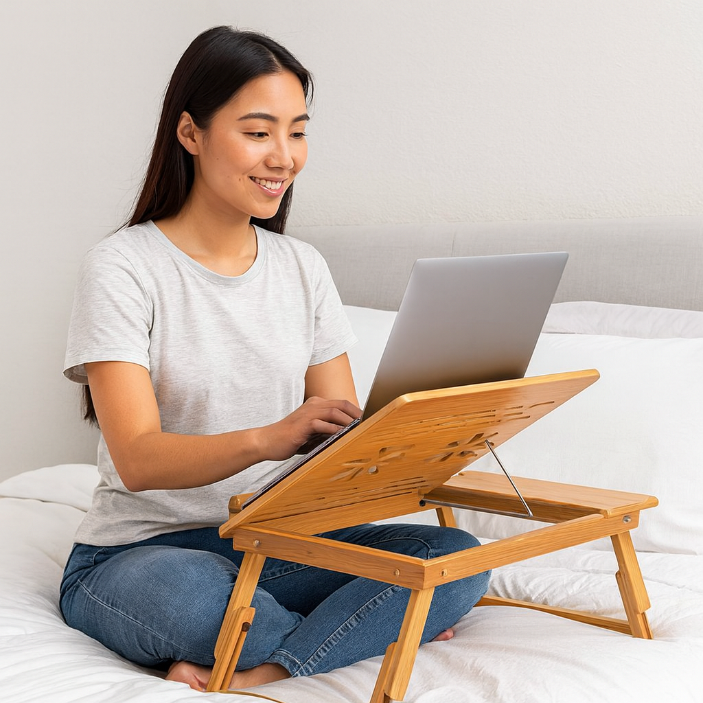 MESA PORTATIL Madera Bambú Multifuncional – Ajusta y Organiza – Convierte cualquier espacio en tu oficina en minutos