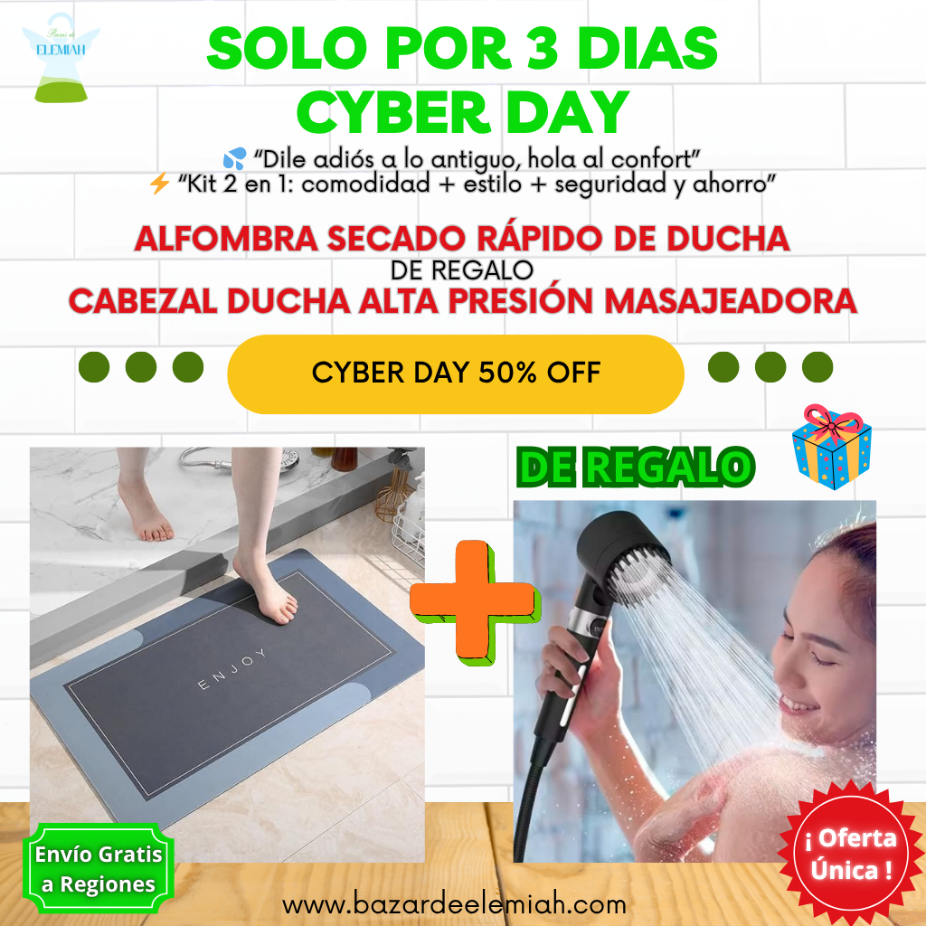 Cyber Day (solo 3 días) SET BAÑO PREMIUM Alfombra Antideslizante + Cabezal Ecológico – Más Seguridad y Ahorro de Agua