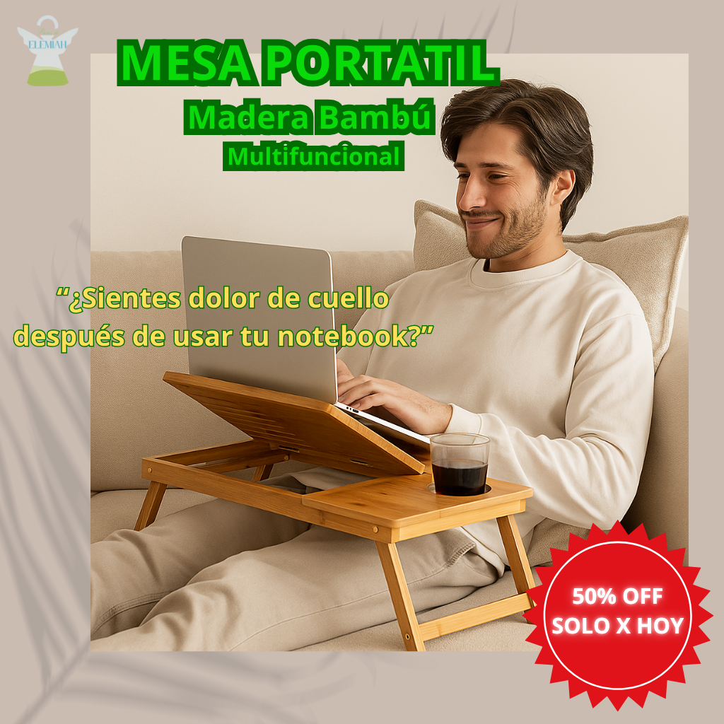 MESA PORTATIL Madera Bambú Multifuncional – Ajusta y Organiza – Convierte cualquier espacio en tu oficina en minutos